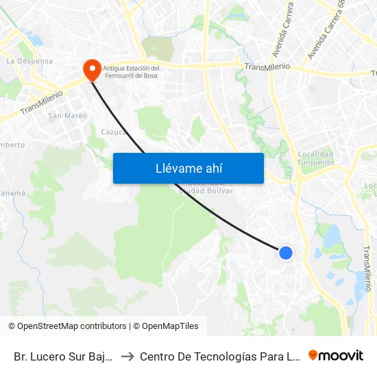 Br. Lucero Sur Bajo (Kr 17m - Cl 69a Sur) to Centro De Tecnologías Para La Construcción Y La Madera (Sena) map