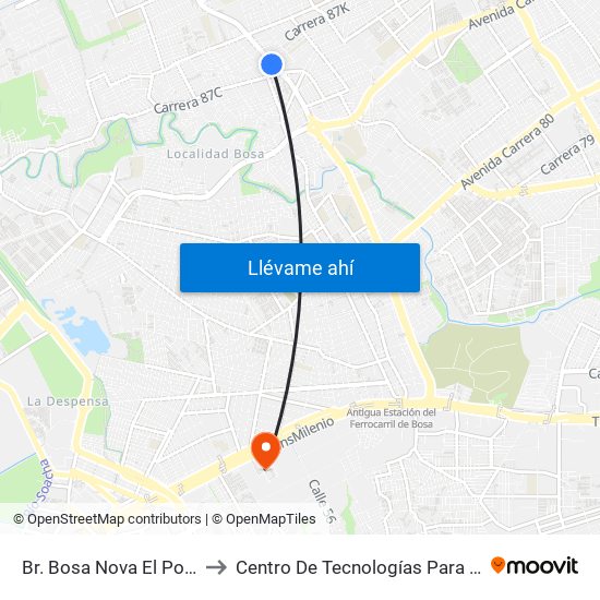 Br. Bosa Nova El Porvenir (Cl 59c Sur - Kr 87d) to Centro De Tecnologías Para La Construcción Y La Madera (Sena) map