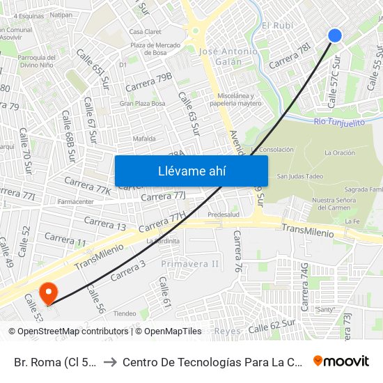 Br. Roma (Cl 57a Sur - Kr 78f) to Centro De Tecnologías Para La Construcción Y La Madera (Sena) map