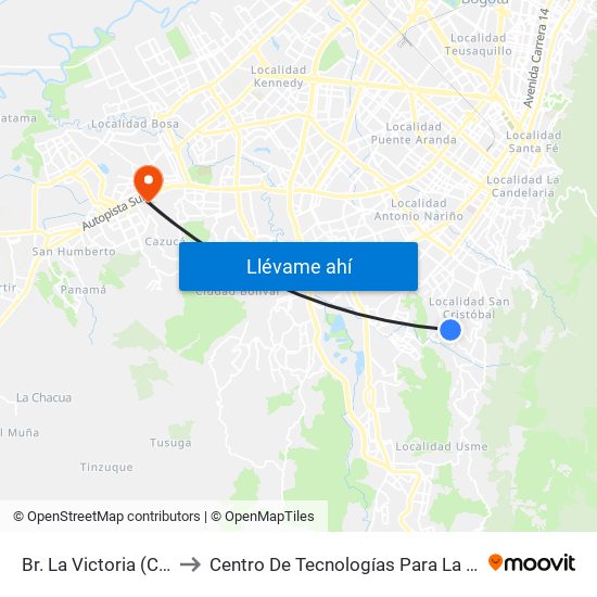 Br. La Victoria (Cl 40 Sur - Kr 3 Este) to Centro De Tecnologías Para La Construcción Y La Madera (Sena) map