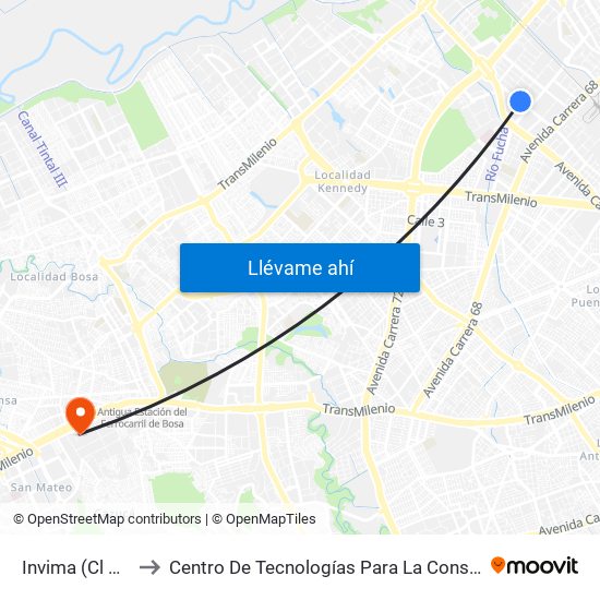 Invima (Cl 17 - Kr 68d) to Centro De Tecnologías Para La Construcción Y La Madera (Sena) map