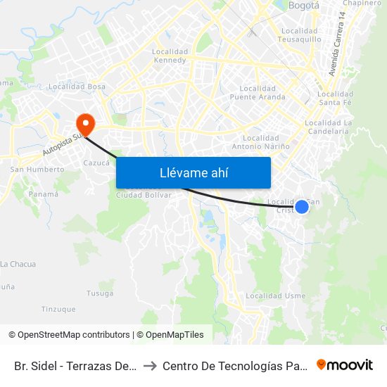 Br. Sidel - Terrazas De Oriente (Kr 9b Este - Cl 32b Sur) to Centro De Tecnologías Para La Construcción Y La Madera (Sena) map