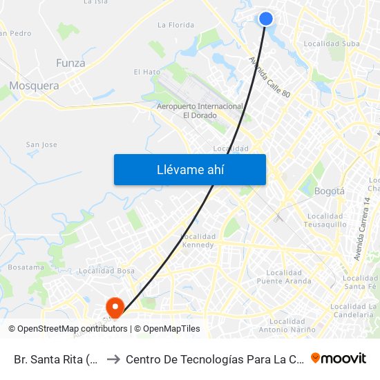 Br. Santa Rita (Cl 132 - Kr 132a) to Centro De Tecnologías Para La Construcción Y La Madera (Sena) map