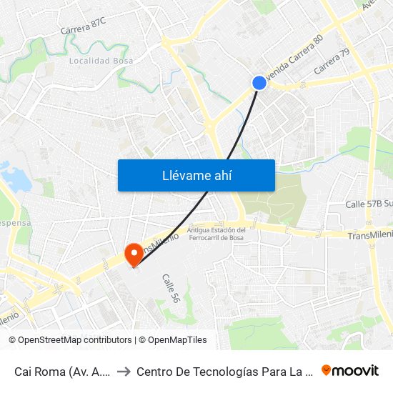 Cai Roma (Av. A. Mejía - Cl 55a Sur) to Centro De Tecnologías Para La Construcción Y La Madera (Sena) map