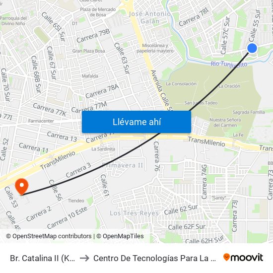 Br. Catalina II (Kr 77h - Cl 54d Sur) to Centro De Tecnologías Para La Construcción Y La Madera (Sena) map