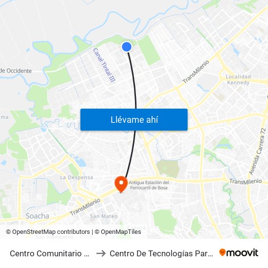 Centro Comunitario El Porvenir (Cl 52 Sur - Kr 100) to Centro De Tecnologías Para La Construcción Y La Madera (Sena) map