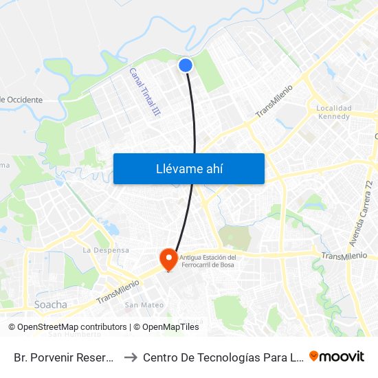 Br. Porvenir Reservado (Cl 50 Sur - Kr 98b) to Centro De Tecnologías Para La Construcción Y La Madera (Sena) map