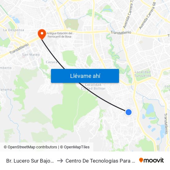 Br. Lucero Sur Bajo (Kr 17m - Cl 66a Sur) (A) to Centro De Tecnologías Para La Construcción Y La Madera (Sena) map