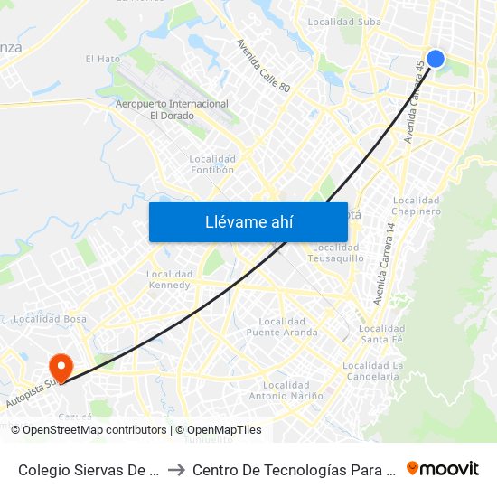 Colegio Siervas De San José (Ak 19 - Cl 131) to Centro De Tecnologías Para La Construcción Y La Madera (Sena) map