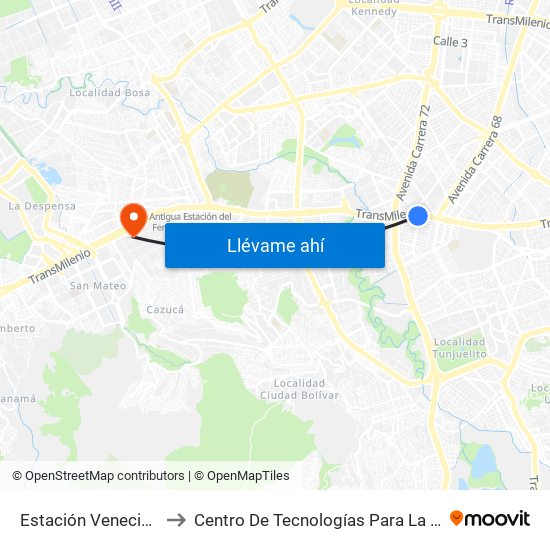 Estación Venecia (Auto Sur - Kr 54a) to Centro De Tecnologías Para La Construcción Y La Madera (Sena) map