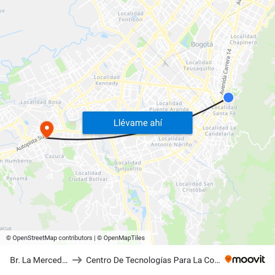 Br. La Merced (Kr 5 - Cl 33a) to Centro De Tecnologías Para La Construcción Y La Madera (Sena) map