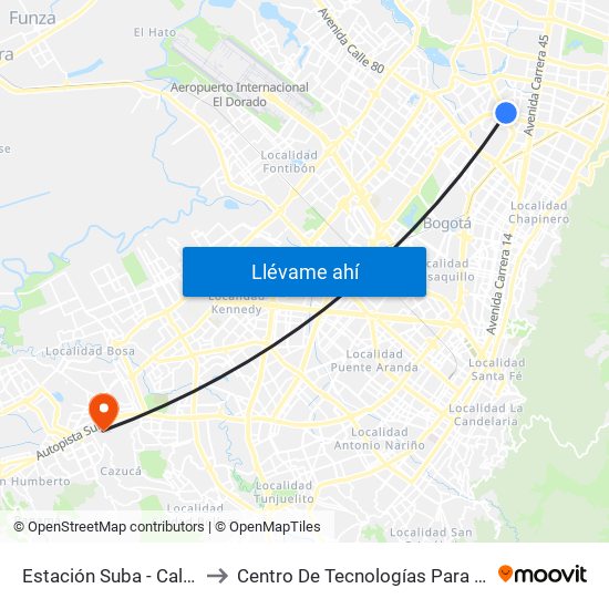 Estación Suba - Calle 100 (Av. Suba - Ac 100) to Centro De Tecnologías Para La Construcción Y La Madera (Sena) map