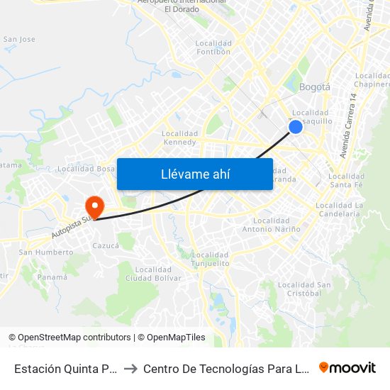 Estación Quinta Paredes (Ac 26 - Kr 45) to Centro De Tecnologías Para La Construcción Y La Madera (Sena) map