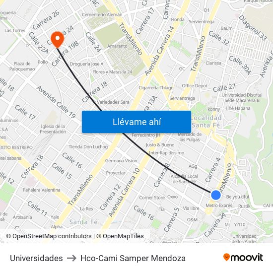 Universidades to Hco-Cami Samper Mendoza map