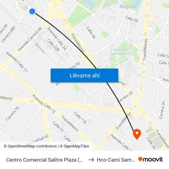 Centro Comercial Salitre Plaza (Av. La Esperanza - Kr 68b) to Hco-Cami Samper Mendoza map