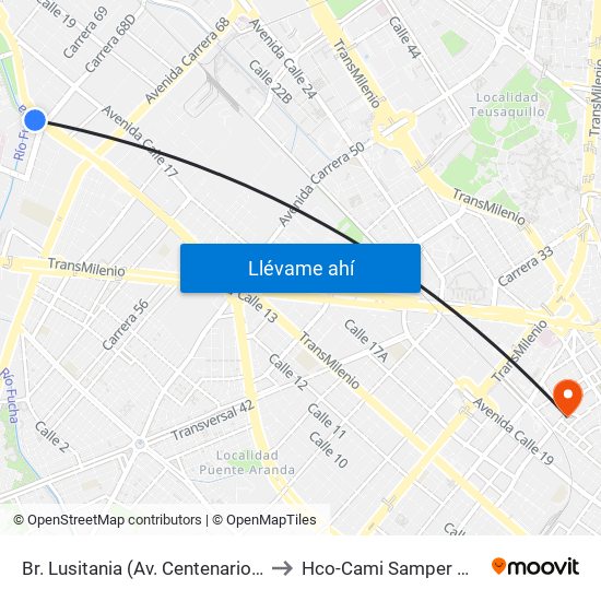 Br. Lusitania (Av. Centenario - Ak 68d) to Hco-Cami Samper Mendoza map