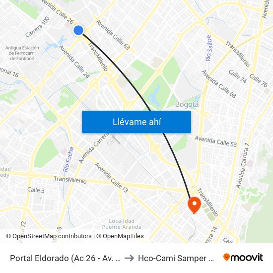 Portal Eldorado (Ac 26 - Av. C. De Cali) to Hco-Cami Samper Mendoza map
