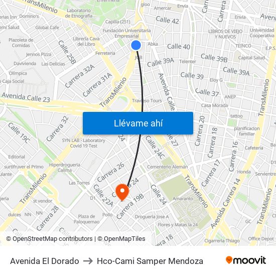 Avenida El Dorado to Hco-Cami Samper Mendoza map