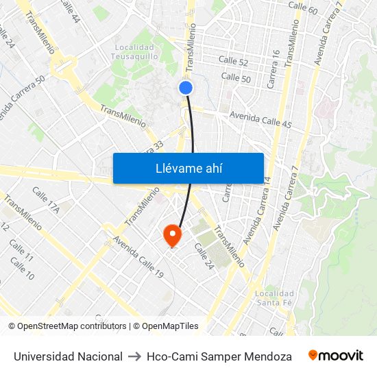 Universidad Nacional to Hco-Cami Samper Mendoza map