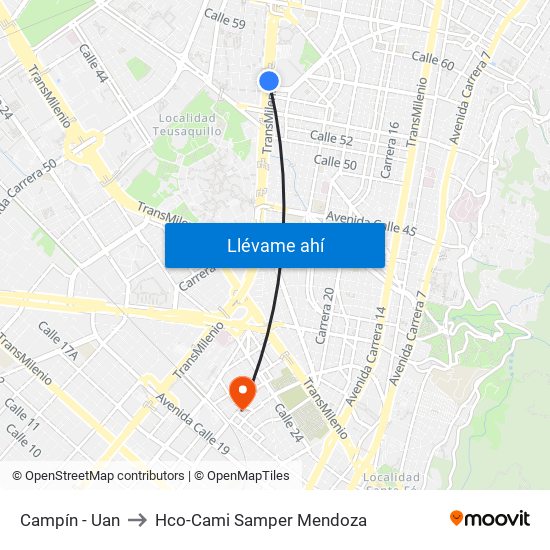 Campín - Uan to Hco-Cami Samper Mendoza map