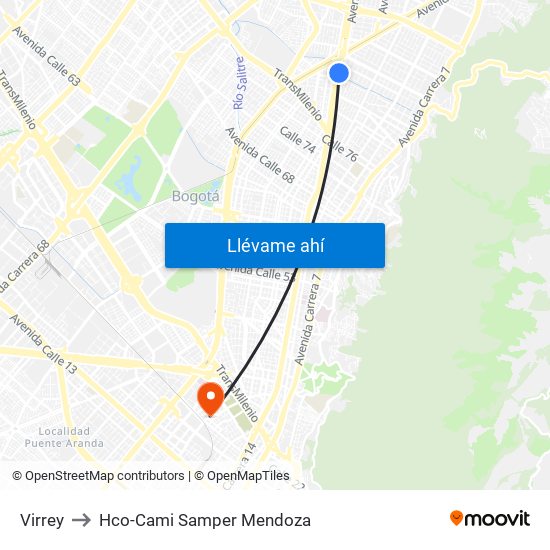 Virrey to Hco-Cami Samper Mendoza map