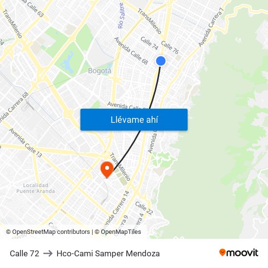 Calle 72 to Hco-Cami Samper Mendoza map