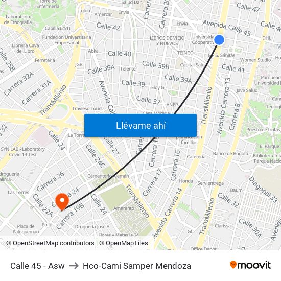 Calle 45 - Asw to Hco-Cami Samper Mendoza map