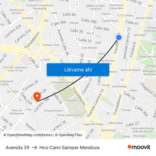 Avenida 39 to Hco-Cami Samper Mendoza map