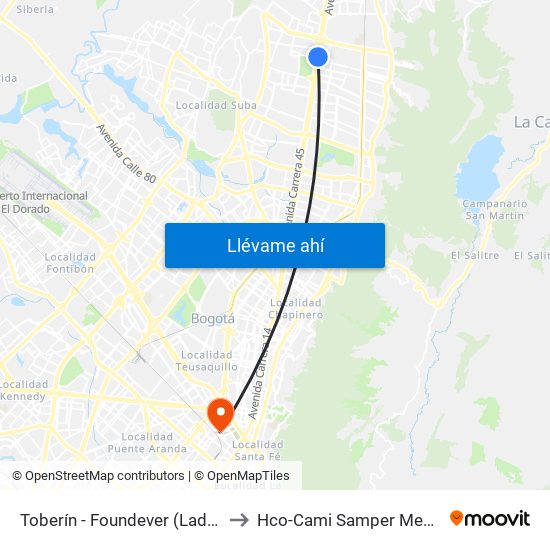 Toberín - Foundever (Lado Sur) to Hco-Cami Samper Mendoza map