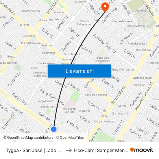 Tygua - San José (Lado Norte) to Hco-Cami Samper Mendoza map