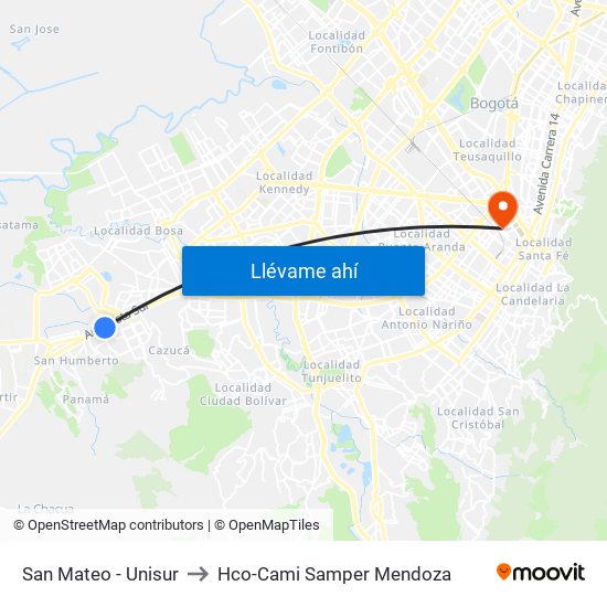 San Mateo - Unisur to Hco-Cami Samper Mendoza map
