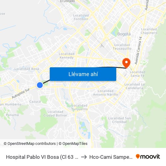 Hospital Pablo VI Bosa (Cl 63 Sur - Kr 77g) (A) to Hco-Cami Samper Mendoza map