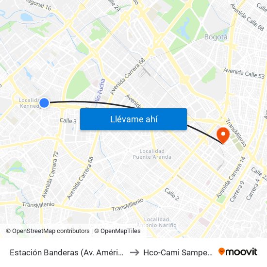 Estación Banderas (Av. Américas - Kr 78a) (A) to Hco-Cami Samper Mendoza map