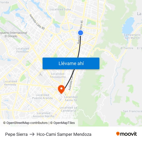 Pepe Sierra to Hco-Cami Samper Mendoza map