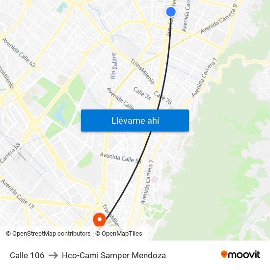 Calle 106 to Hco-Cami Samper Mendoza map