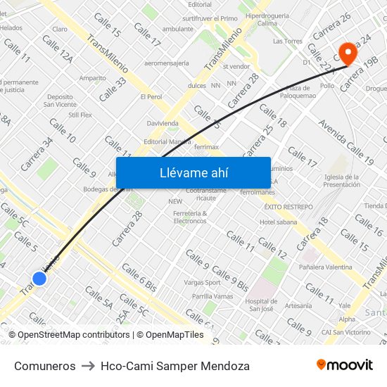 Comuneros to Hco-Cami Samper Mendoza map