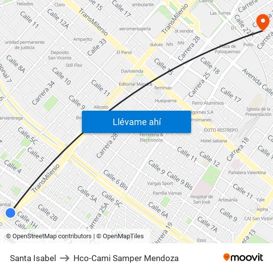 Santa Isabel to Hco-Cami Samper Mendoza map