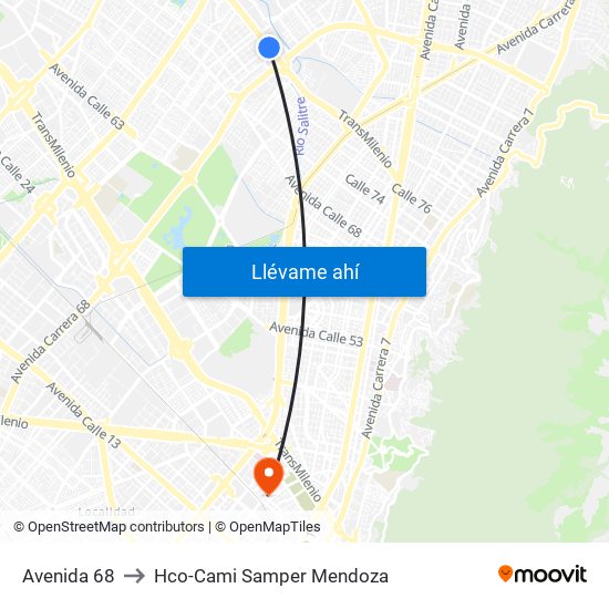 Avenida 68 to Hco-Cami Samper Mendoza map