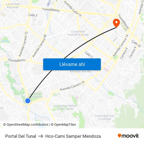 Portal Del Tunal to Hco-Cami Samper Mendoza map