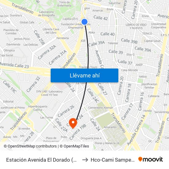 Estación Avenida El Dorado (Av. NQS - Cl 40a) to Hco-Cami Samper Mendoza map