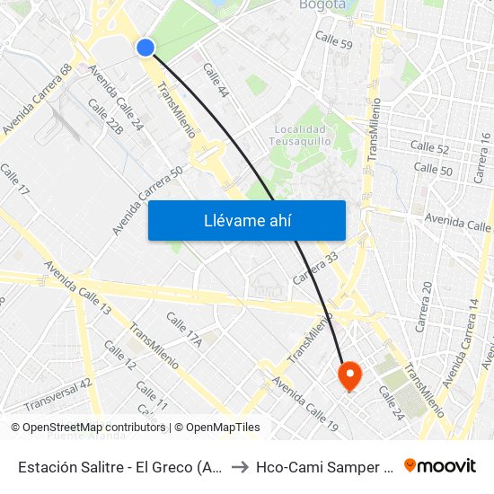 Estación Salitre - El Greco (Ac 26 - Ak 68) to Hco-Cami Samper Mendoza map