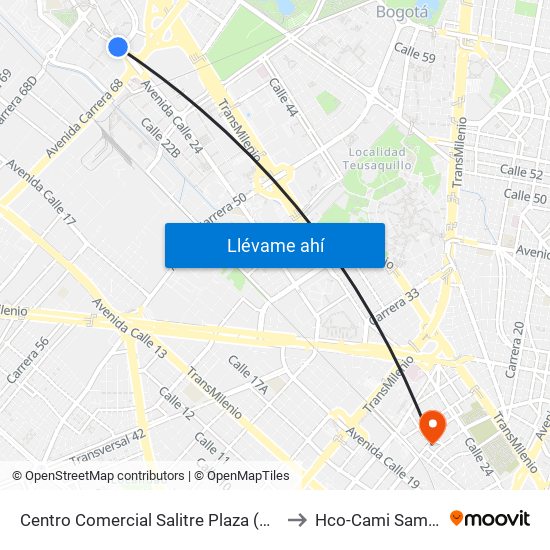 Centro Comercial Salitre Plaza (Av. La Esperanza - Kr 68a) to Hco-Cami Samper Mendoza map