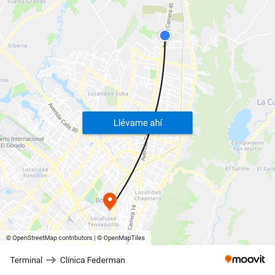 Terminal to Clínica Federman map