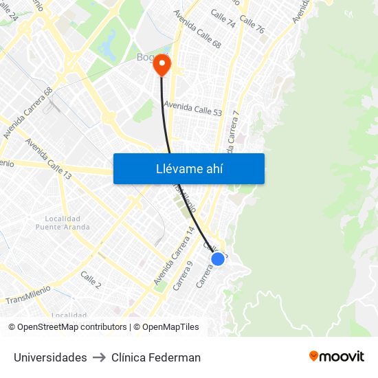 Universidades to Clínica Federman map