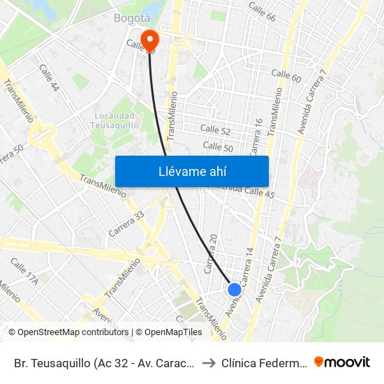 Br. Teusaquillo (Ac 32 - Av. Caracas) to Clínica Federman map