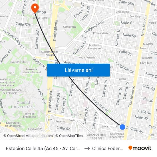 Estación Calle 45 (Ac 45 - Av. Caracas) to Clínica Federman map