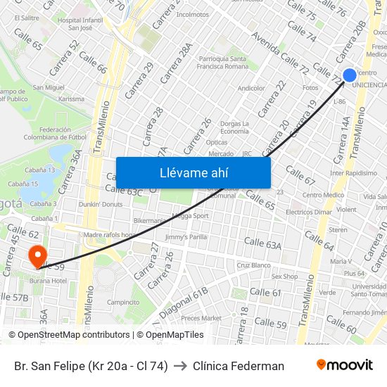 Br. San Felipe (Kr 20a - Cl 74) to Clínica Federman map