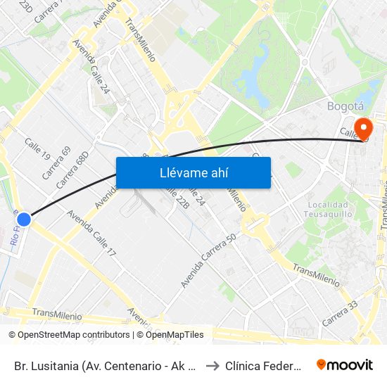 Br. Lusitania (Av. Centenario - Ak 68d) to Clínica Federman map