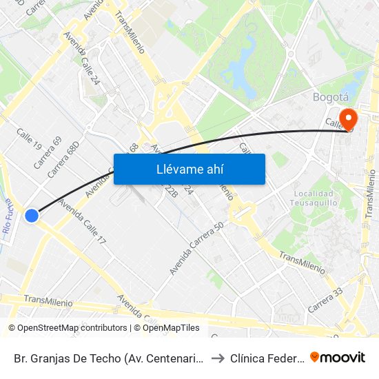 Br. Granjas De Techo (Av. Centenario - Kr 65) to Clínica Federman map