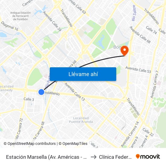 Estación Marsella (Av. Américas - Kr 69b) to Clínica Federman map